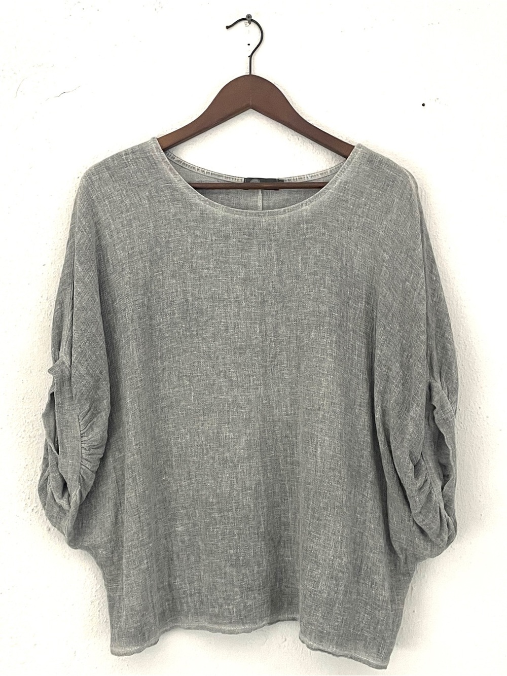 Textured Weave Grey Linen Cotton Dolman Sleeve Blouse, Relaxed Lagenlook, Medium